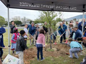 Gov. John Carney planting a tree with Rehoboth Elementary students